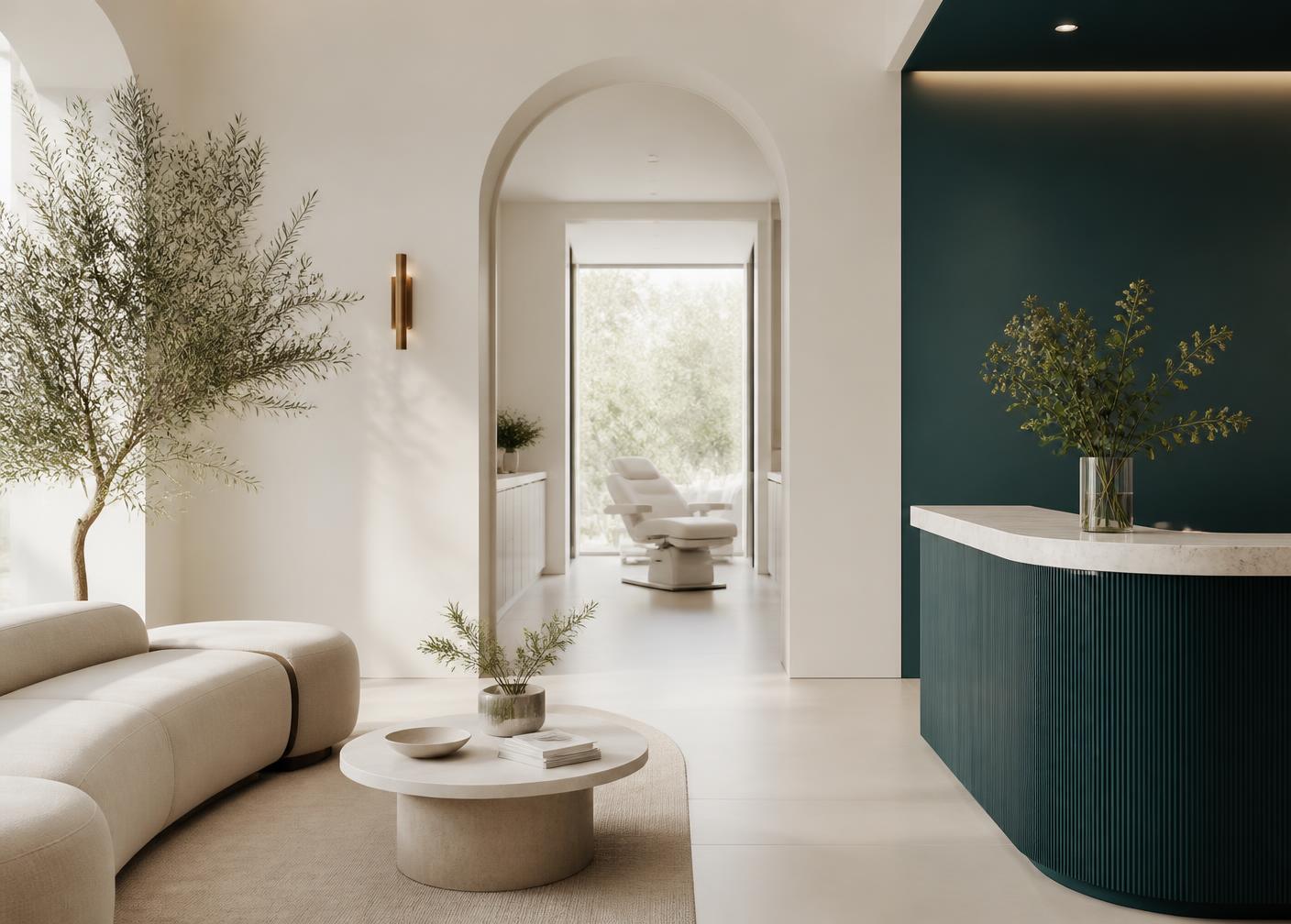 Calm, minimal reception area of the dermatology clinic